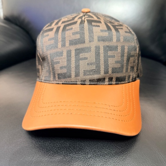 FENDI MEN'S FF JACQUARD NYLON BROWN BASEBALL CAP UNISEX - Picture 2 of 4